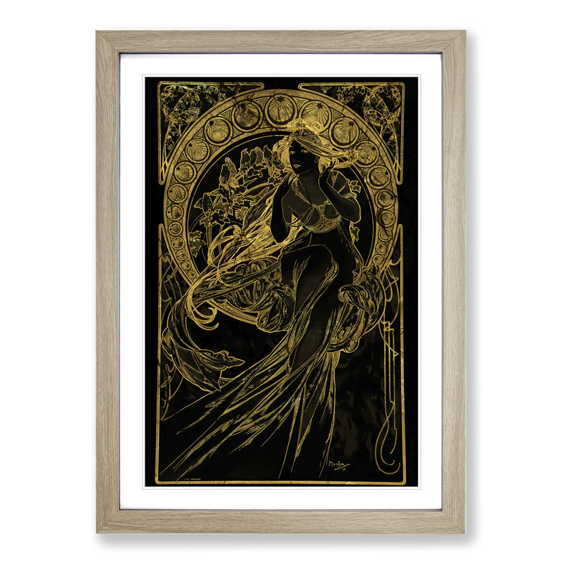 Golden Lady by Alphonse Mucha - Picture Frame Graphic Art, Oak Framed, 48cm H x 36cm W x 2cm D