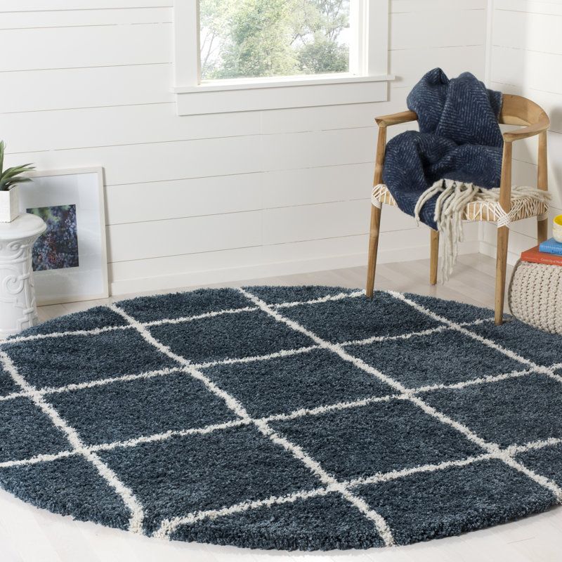 Humberto Hudson Shag Performance Geometric Rug, Round 5'3", Slate Blue/Ivory