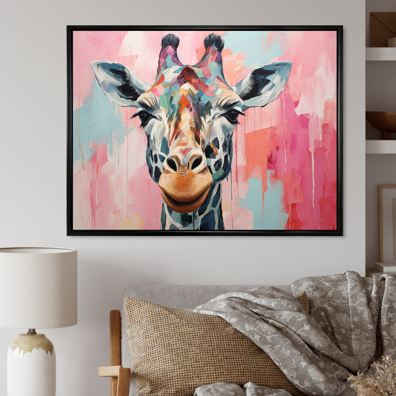 Portrait de girafe brune et rose - art mural girafe, Cadre flottant noir, H 34 po x l 44 po x P 1,5 po