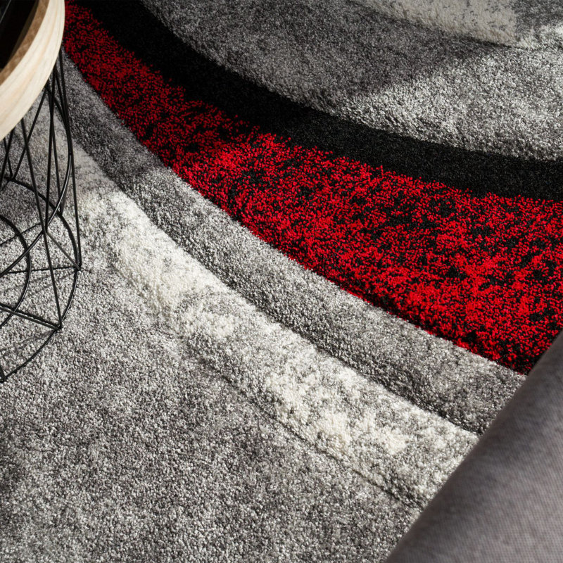 Large Gray and Red Abstract Rectangular Area Rug