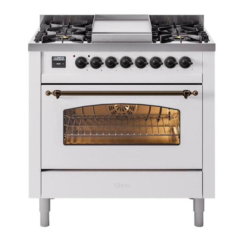 ILVE Nostalgie II 36 Dual Fuel Range, knobs, White/Bronze, Liquid Propane