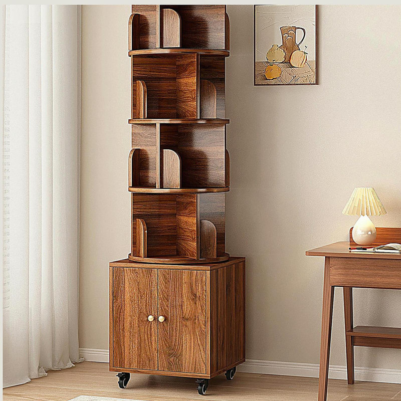 360 Degree Rotating Display 5 Tier Corner Bookshelf, Floor Standing Bookcase Storage Rack, Wood Narrow Book Shelf Organizer