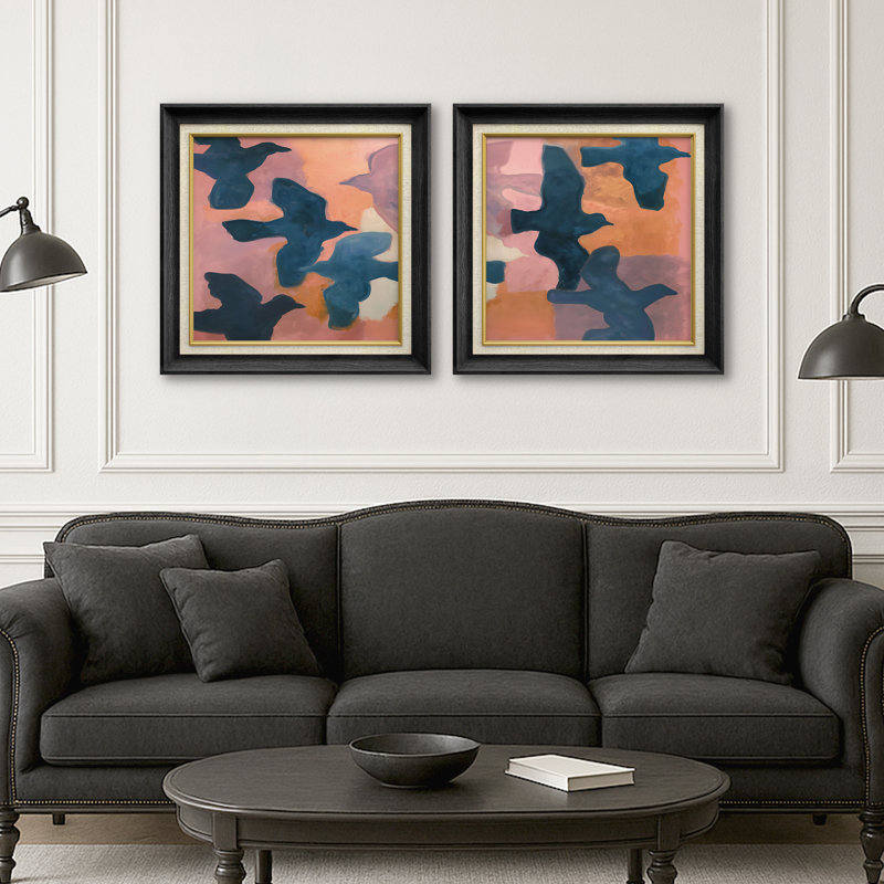«Blue Bird Silhouettes» sur fond rose et orange, ensemble de 2 reproductions d'art encadrées en papier, Cadre de galerie noir