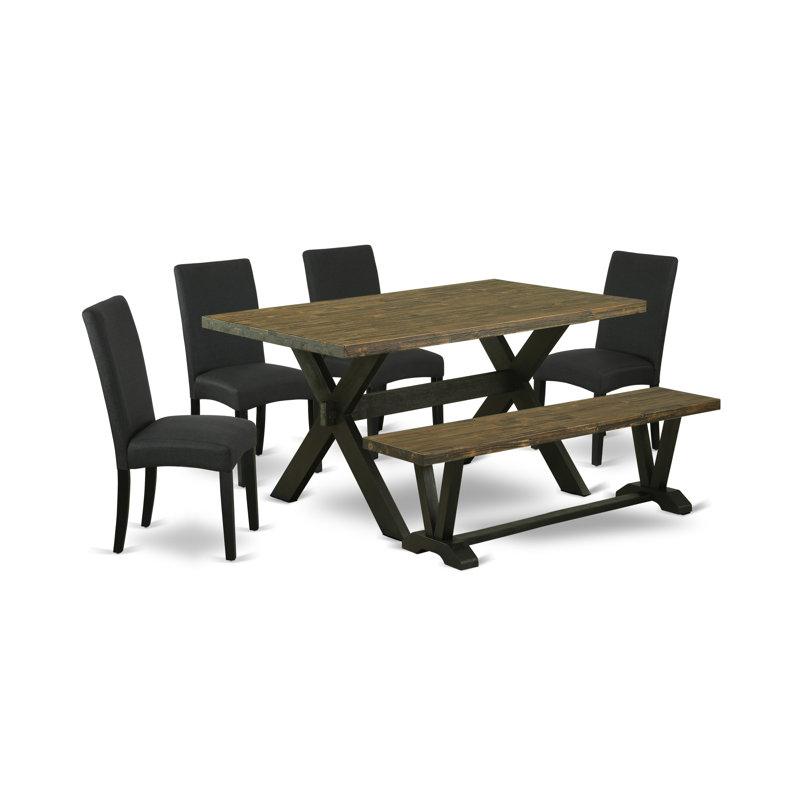 L'ensemble de table de cuisine 6 pièces comprend une table de salle à manger rectangulaire avec pieds en X et 4 chaises Parson en tissu de couleur noire avec banc, finition noire brossée