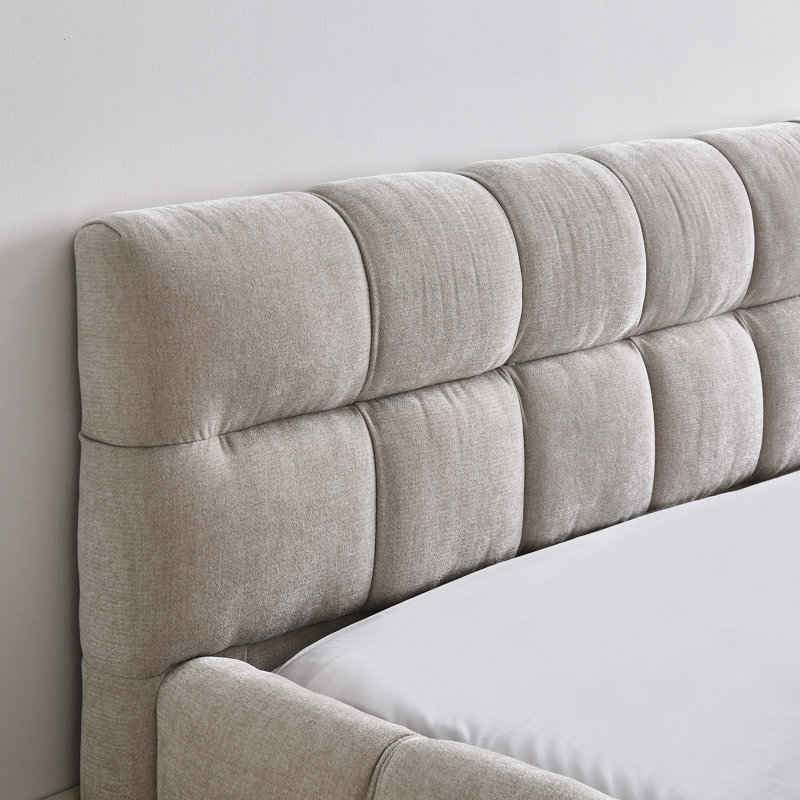 Grand lit plateforme tapissier en chenille avec tête de lit, pas de sommier pour chambre moderne, Beige