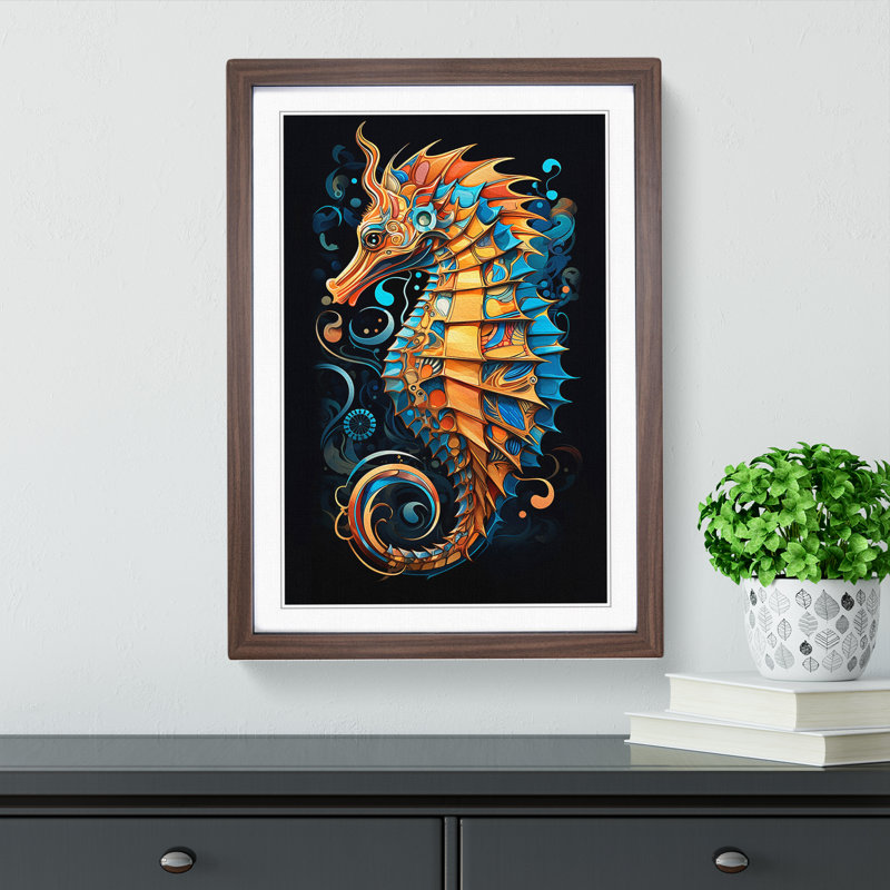 Seahorse Geometric - Framed Print, 46cm H x 34cm W x 2cm D, Walnut 