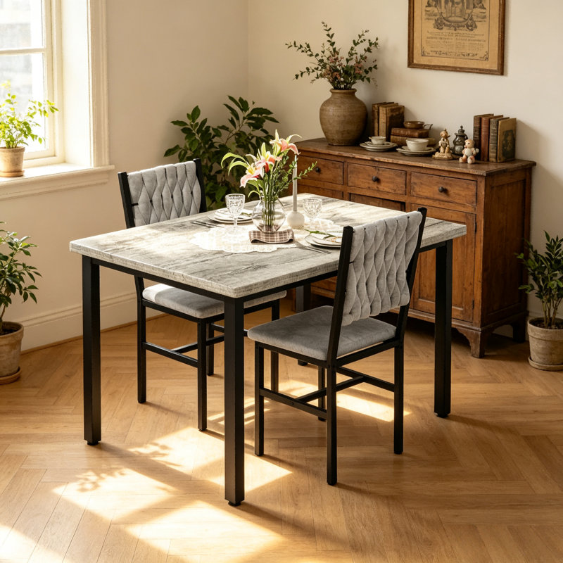 Ensemble de table de salle à manger pour petit espace 3 pièces, table de salle à manger rectangulaire avec 2 chaises capitonnées en tissu d'ameublement, pieds en métal robustes, styles de table multiples pour coin-repas, condo et maison