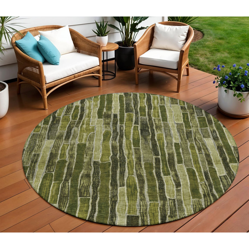 Tapis extérieur lavable rayé 8 pi vert olive et vert olive rond
