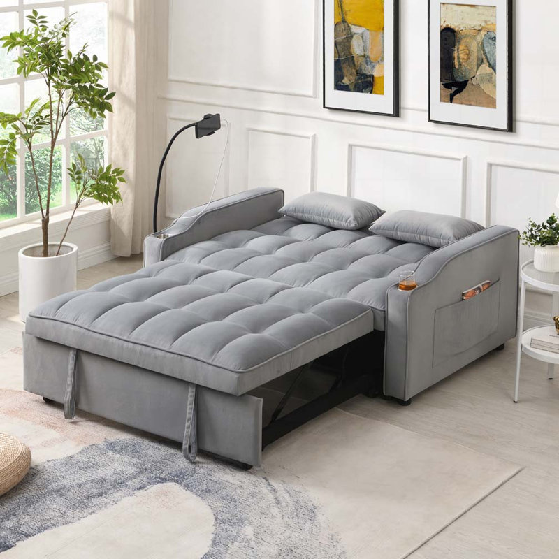 Canapé-lit en velours avec futon et causeuse, Gris clair