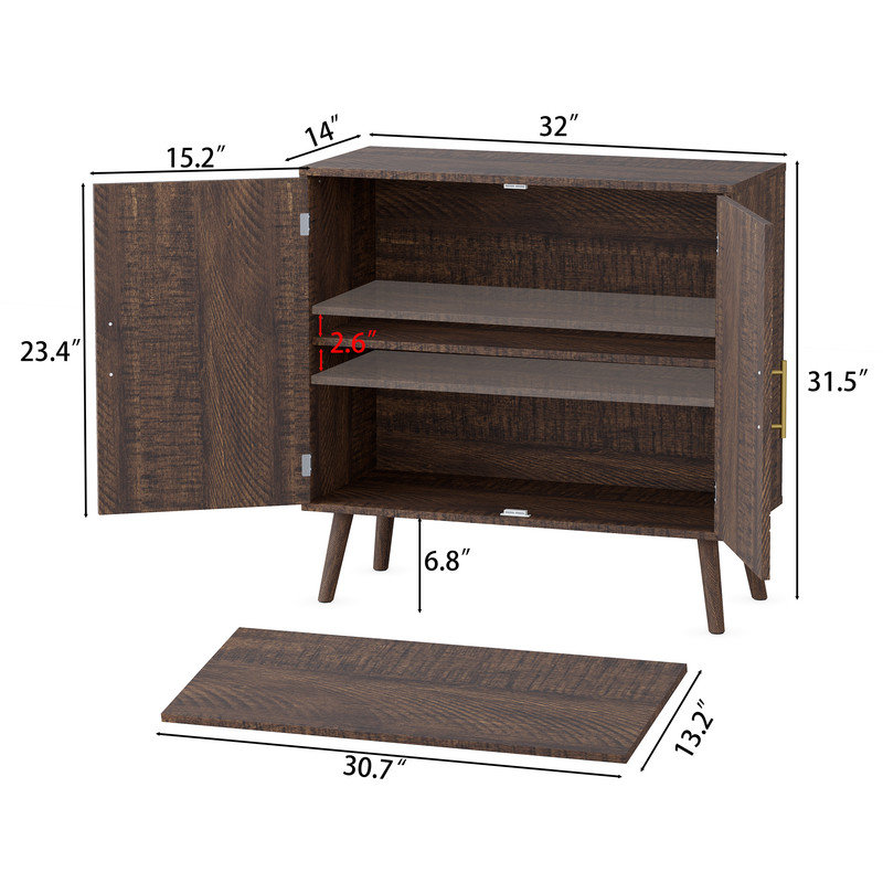 32" Sideboard Buffet with Solid Wood Legs, Adjustable Shelves, and Gold Handles – Brown