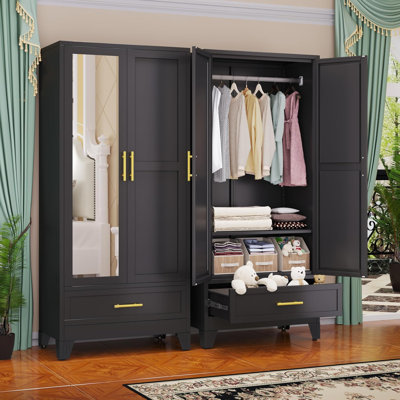 Steel Armoire Wardrobe Closet with Mirror Doors, 71" Household Wardrobe Cabinet with Hanging Rod and Drawer, Metal Clothing Storage Cabinet with Adjus by Winston Porter
