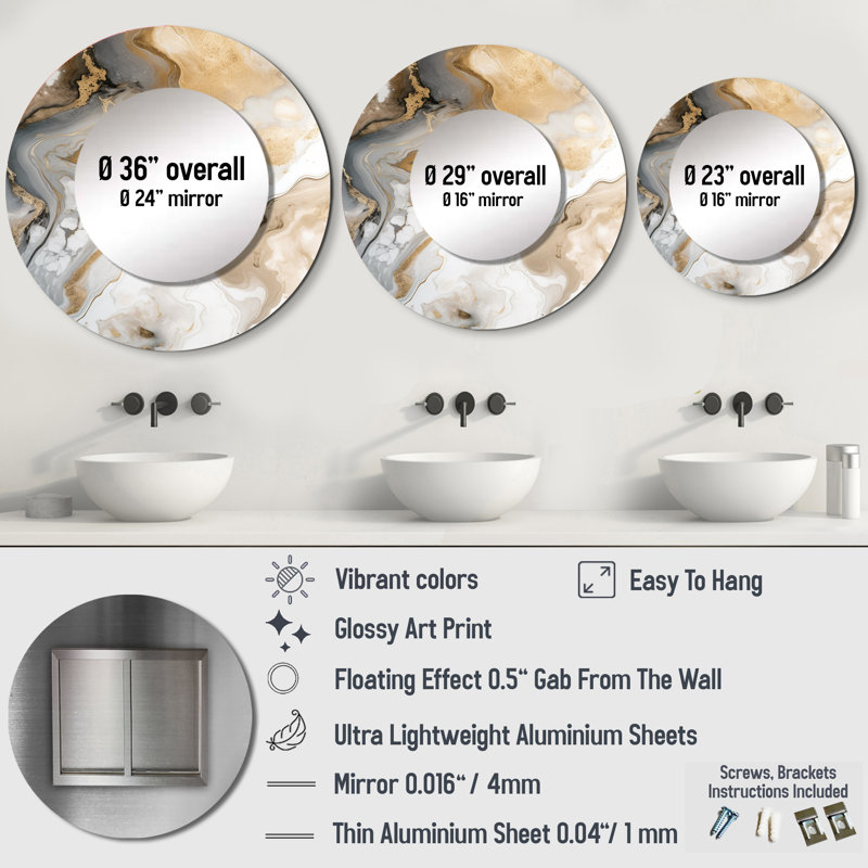Prabhav or et gris un effet de marbre V - miroir mural décoratif, miroir rond moderne, impression d'art en métal
