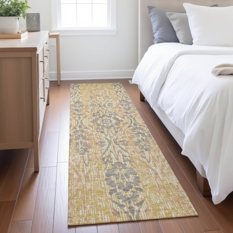 Tapis damassé intérieur / extérieur lavable à la machine ACN2482, Doré, Tapis de couloir 2 pi 3 po x 7 pi 6 po