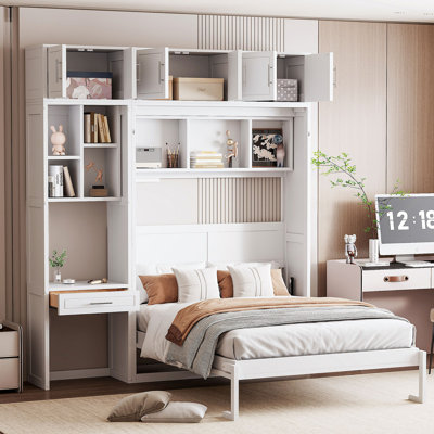 Wall Murphy Bed With Desk, Top Cabinet And Storage Shelves, Space Saving Foldable Bed