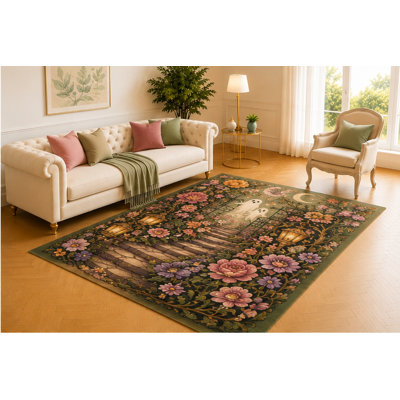"Ultra Lightweight" 5'x7' Ghost Garden Path Rug, Olive Floral Design with Lanterns, Moon and Rose Archway, Enchanted Halloween Floor Accent for Bedroom, Hallway or Lounge