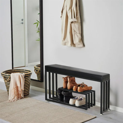 Upholstered Storage Bench With Storage Space, PU Leather Seat Shoe Rack Bench Shelf Organizer 2 Tiers