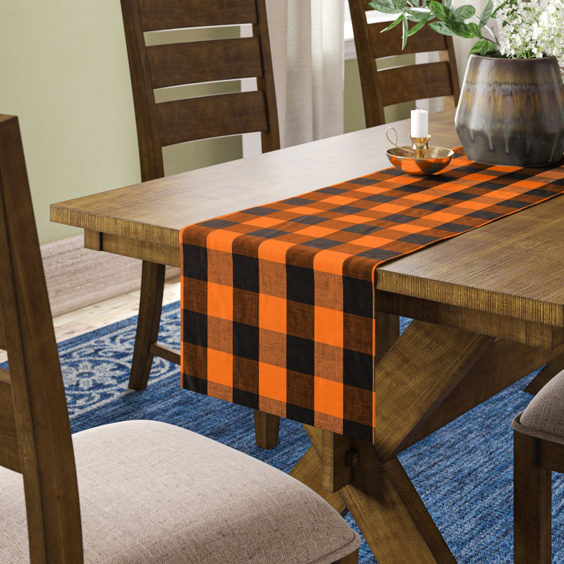 Loa Plaid Cotton Table Runner, Black/Orange