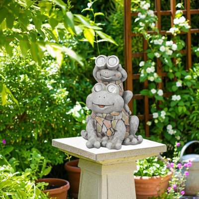 Katonya Solar-Powered Resin Frog Garden Statue with Stone Accents - 14" Decorative Outdoor Sculpture in Grey, Green & Yellow for Yard & Home