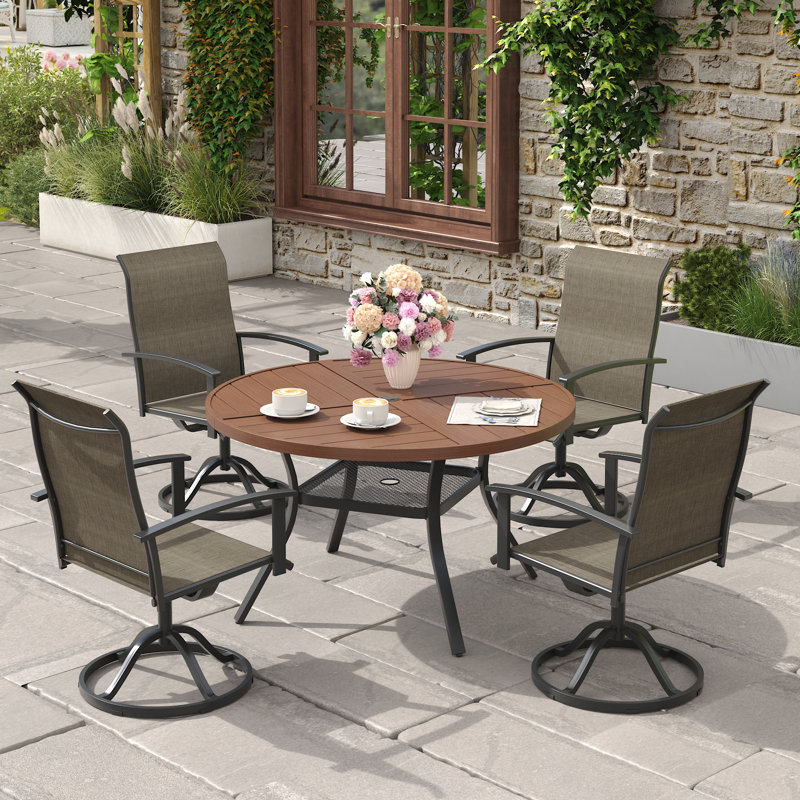 4-Person Outdoor Patio Dining Set With Swivel Chairs, Walnut/Black/Brown