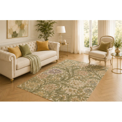 "Ultra Lightweight" 5' x 7' Classic Floral Tapestry Area Rug for Living Room, Soft Low Pile Indoor Carpet with Non-Slip Backing for Bedroom, Dining Room, Office, Olive