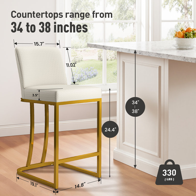 Tabouret de comptoir rembourré en similicuir 24 po Seese, Blanc cassé, Tabouret de comptoir (siège d’une hauteur de 24, Or