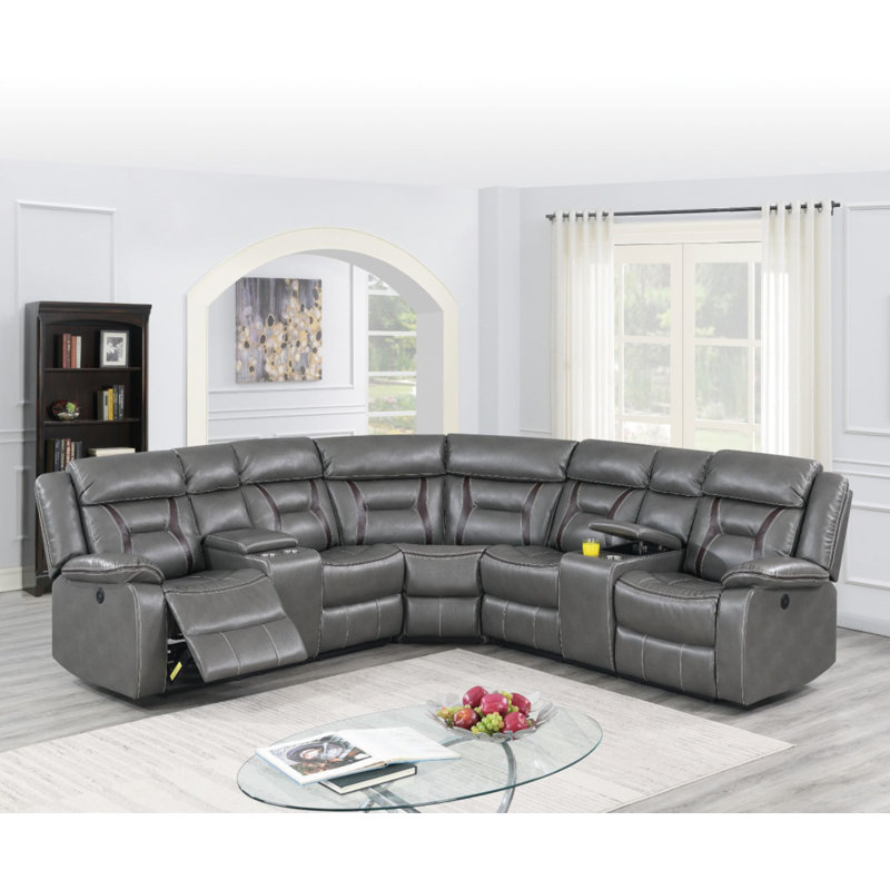 Faux Leather Reclining Curved Sectional Symmetrical, Gray Faux Leather, Power Recliner