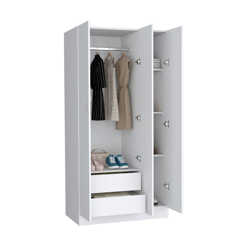 Armoire Ohio avec 3 portes, 2 tiroirs et 4 tablettes à 4 niveaux, Blanc