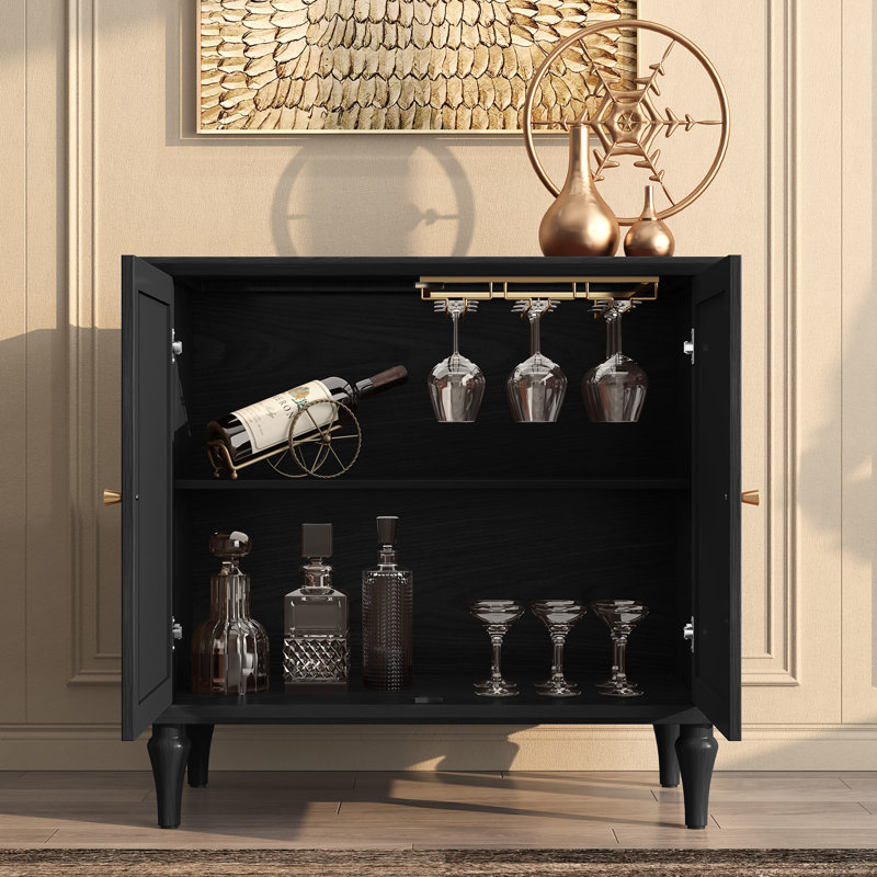  Gurbachan 31" Mid-Century Buffet with Adjustable Shelves and Removable Tall Wine Glass Rack, Black