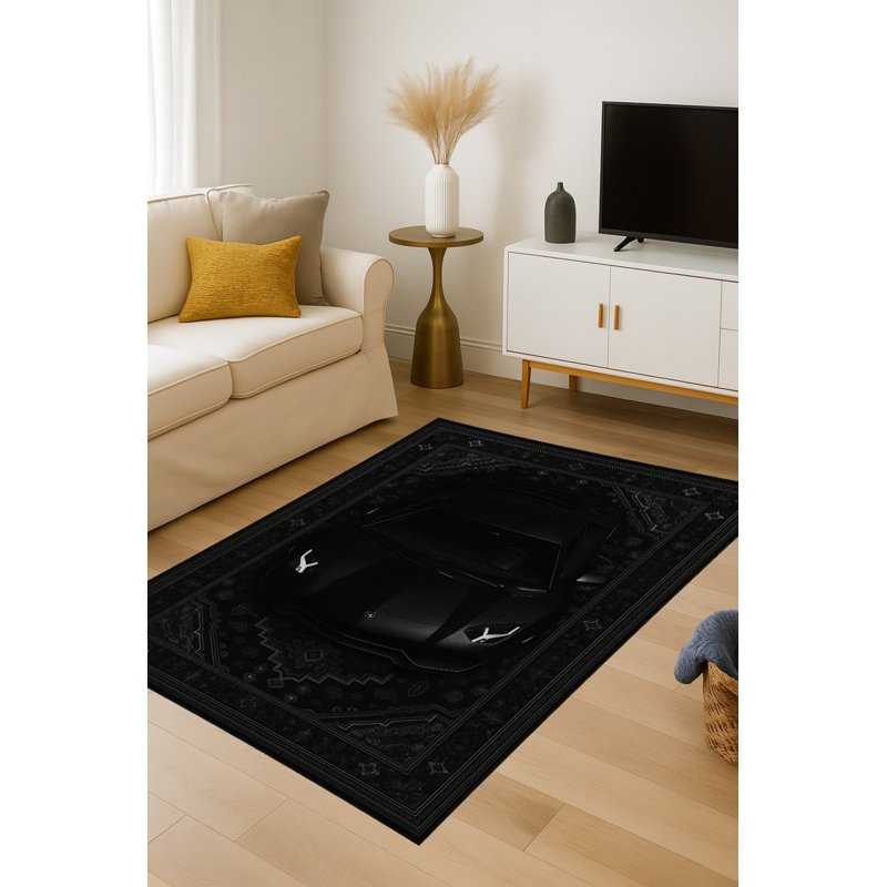 Tapis noir tissé à motif lavable traditionnel Mosso, 4'11" x 7'7"