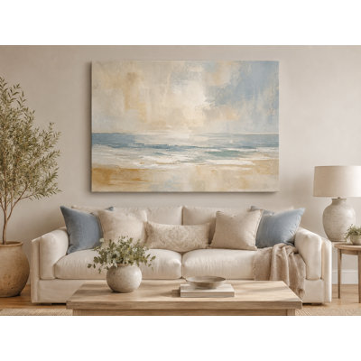 Neutral Shoreline Pause - Coastal Abstract Landscape Giclee Print on Wrapped Canvas Wall Art