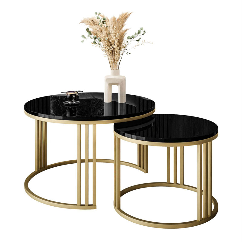 Downey 2 Piece Coffee Table, Glossy Black, Matt Gold