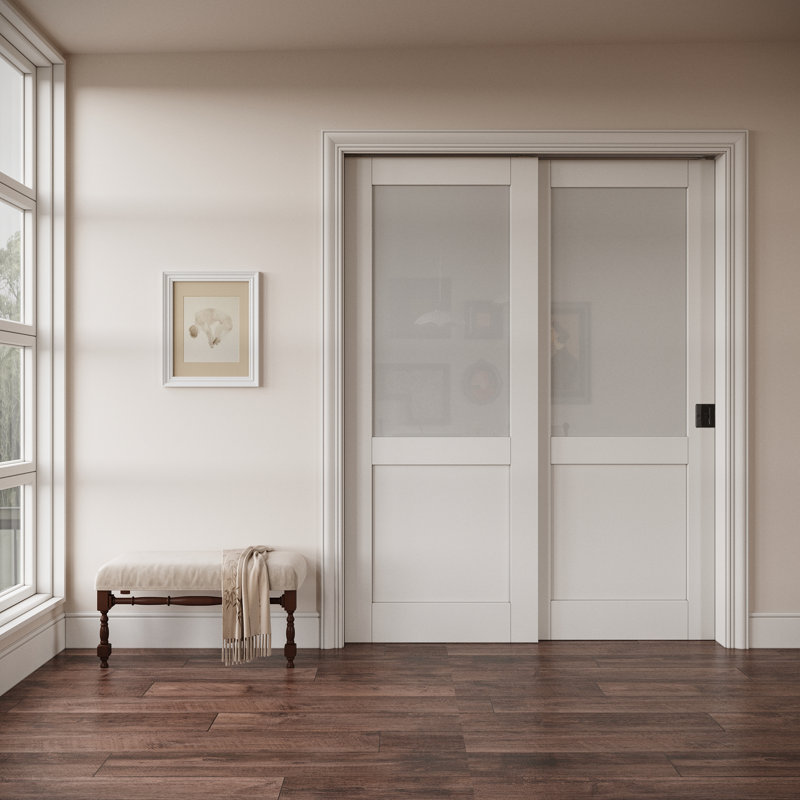 Interior Half‑Lite Frosted Glass Door, CARB P2 MDF & SGCC Tempered Glass Bypass Pocket Doors, with Strengthen Solid Frame & Privacy Black Pocket Lock & Hardware Kit, Pre‑Finished & Waterproof, for Pantry, Bedroom & Closet, Easy DIY Stain, 56"x 96"