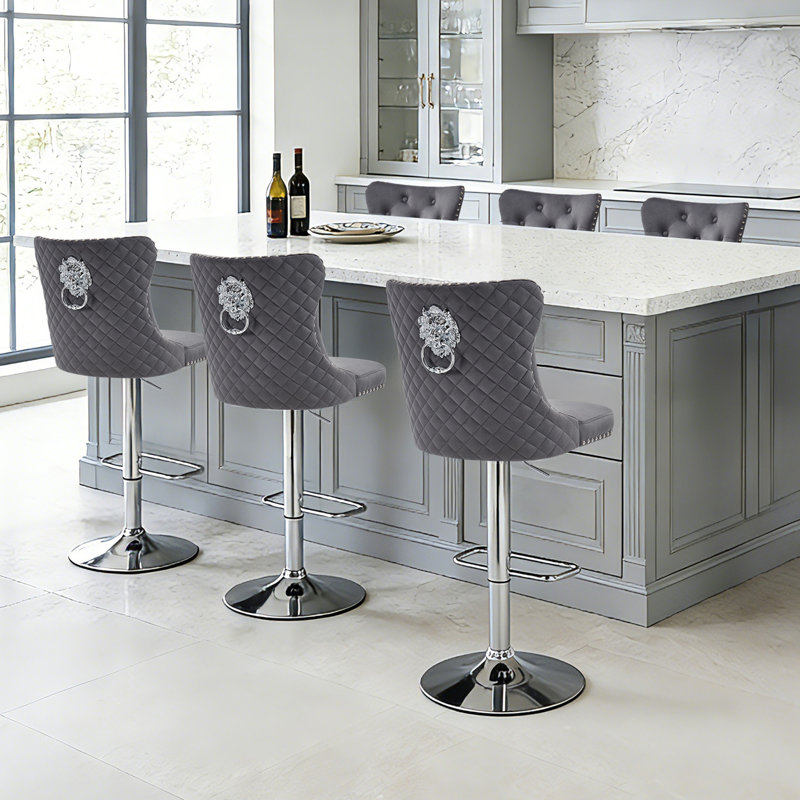 Swivel Adjustable Height Counter Stool With Metal Frame, Silver, Dark Gray