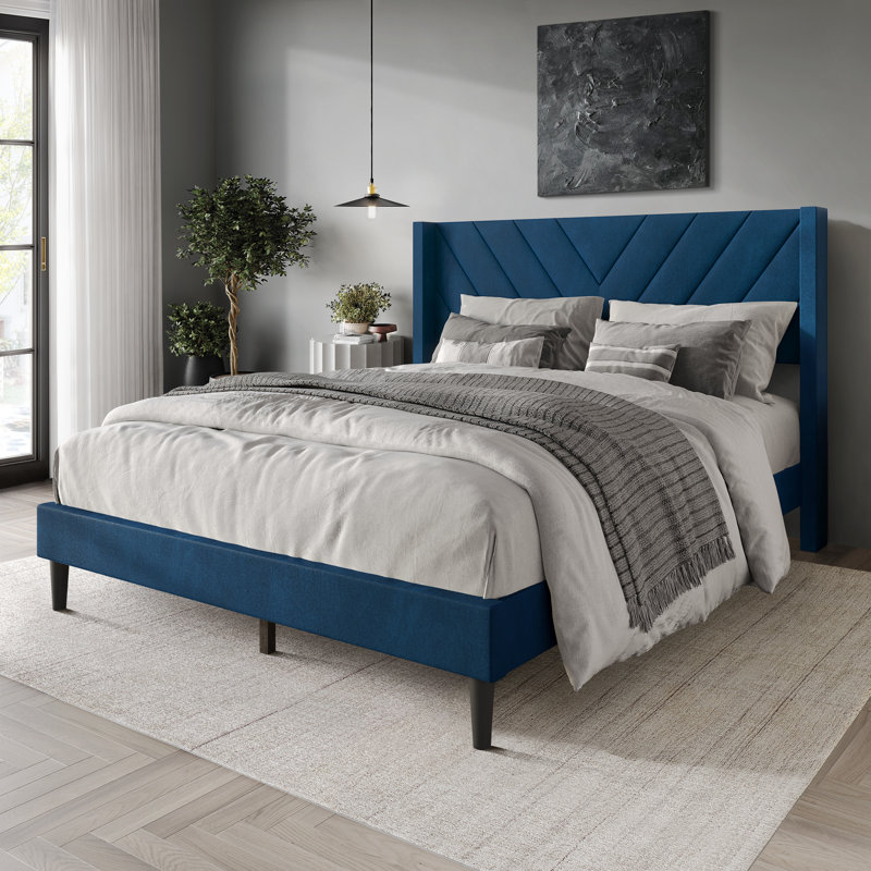 Elegence Wingback Platform Bed, Full, Navy Blue
