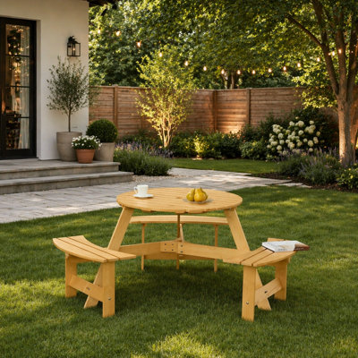 Outdoor 6 Person Picnic Table with 3 Built-in Benches, Umbrella Hole, and Waterproof Surface for Garden, Backyard, and Patio Gatherings