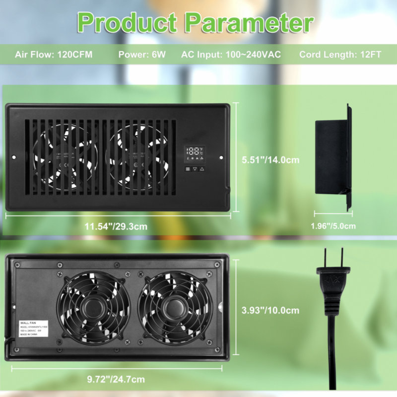 10 Inch Register Booster Fan With Thermostat, High Velocity Ventilation Fans With 10 Gear Wind Speed Switch And High Precision Thermal Probe