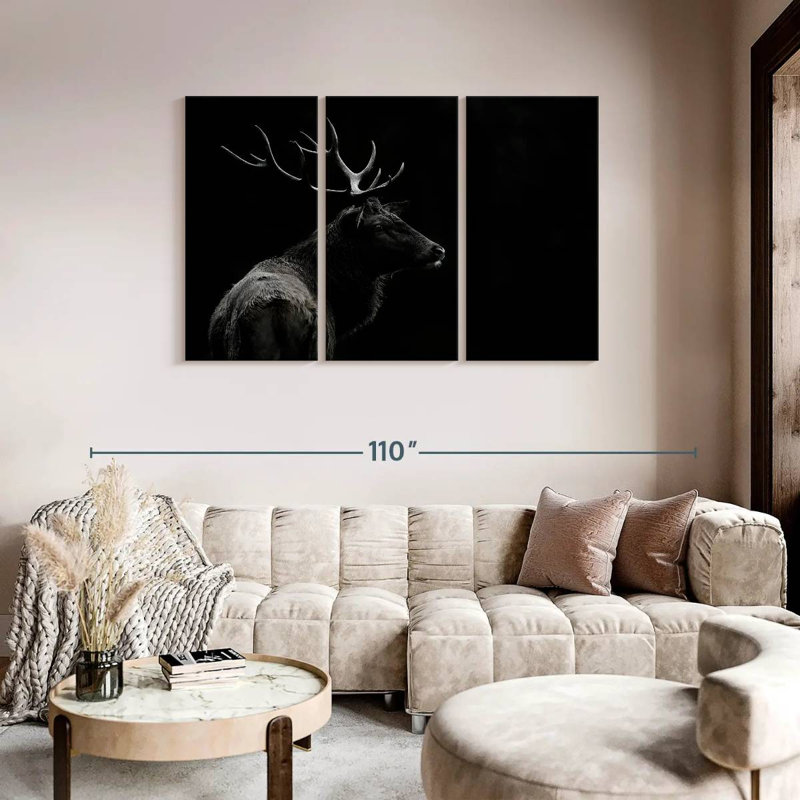 Ensemble de 3 pièces d'éléphant sur toile monochrome, H 48 po x l 74 po x P 1,25 po