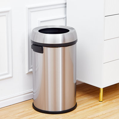 17 Gallon Stainless Steel Open Top Trash Can, 65L Round Waste Bin with Removable Lid & Side Handles, Durable Garbage Can for Home, Office, Restaurant, Silver