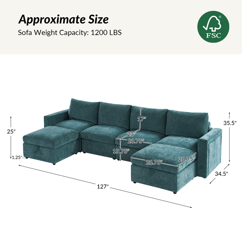 Doulyn 6-Piece Storage Modular Sectional Sofa with Multi-Functional Armrests, Green Polyester Blend