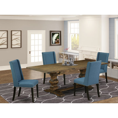 5 Piece Dining Table Set Includes a Rectangle Kitchen Table with Removable Leaf and 4 Blue Linen Fabric Parson Dining Chairs, Distressed Jacobean