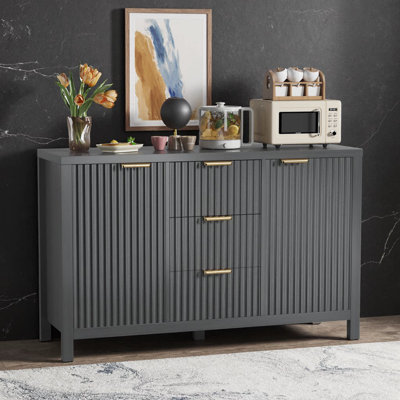 Black Fluted Credenza Buffet Cabinet with Two Doors and Three Drawers for Living Room and Kitchen Storage