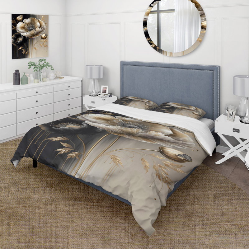 Ensemble de housse de couette à motif floral gris et or gris en microfibre de polyester