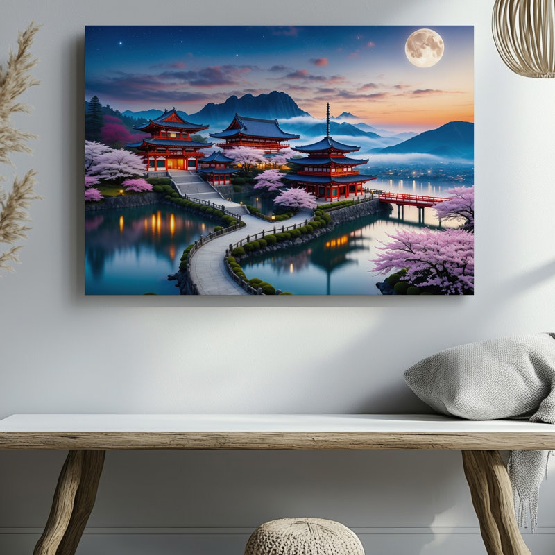 Toile, "Un paysage japonais serein au crépuscule" avec une pagode traditionnelle avec une architecture complexe et un art mural