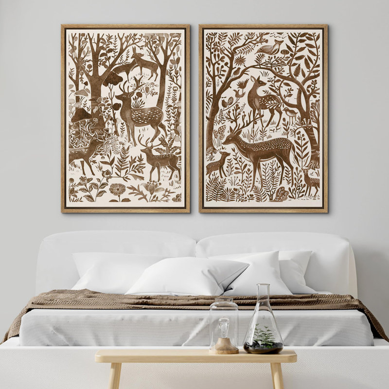 Aquarelle, cerf brun dans la forêt, art mural botanique rustique, impression sur toile encadrée 2 pièces, Encadré naturel