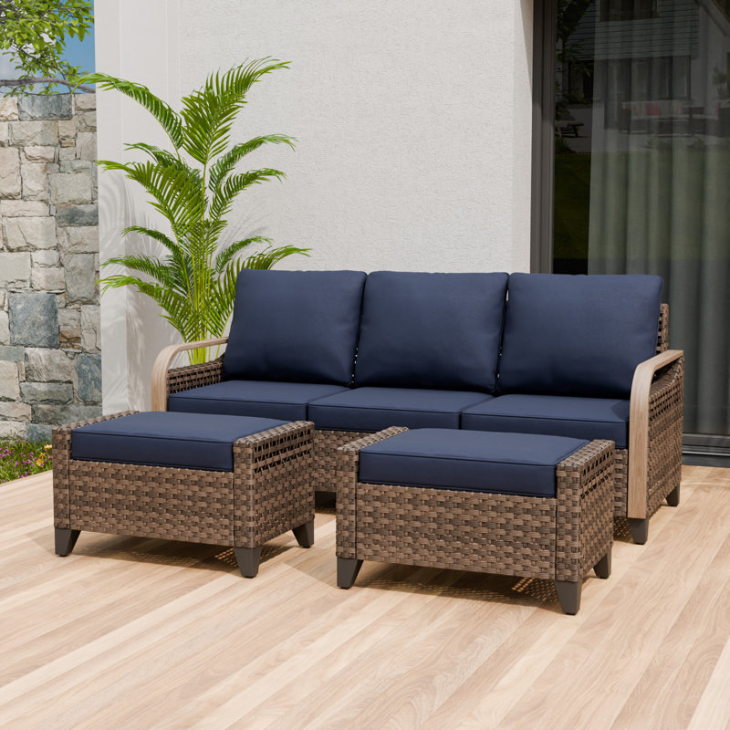 Outdoor Wicker Rattan Patio Sofa with Cushions and Ottomans, Blue