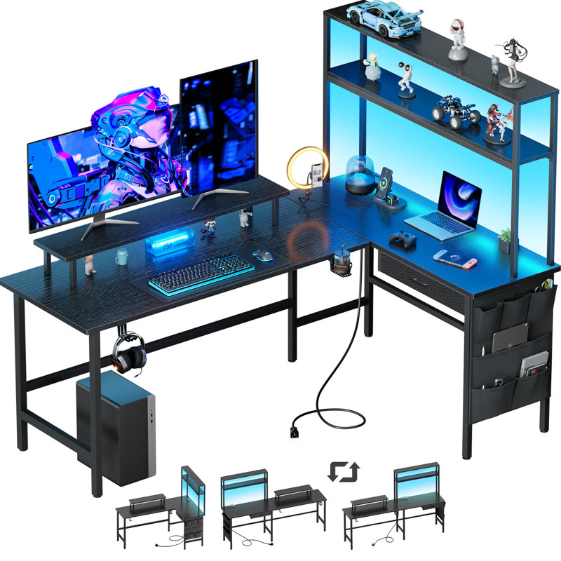L Shaped Desk with LED Light & Power Outlet, Reversible Corner Gaming Desk with Storage Shelves & Drawer, Computer Table with Monitor Stand for Home Office, Work & Study,L Shape Set 2 Desks & Storage Shelf