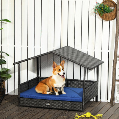 Outdoor Dog House With Canopy - Comfortable, Water- Cushion For Dogs Cushion, Small & Medium Dogs, Blue