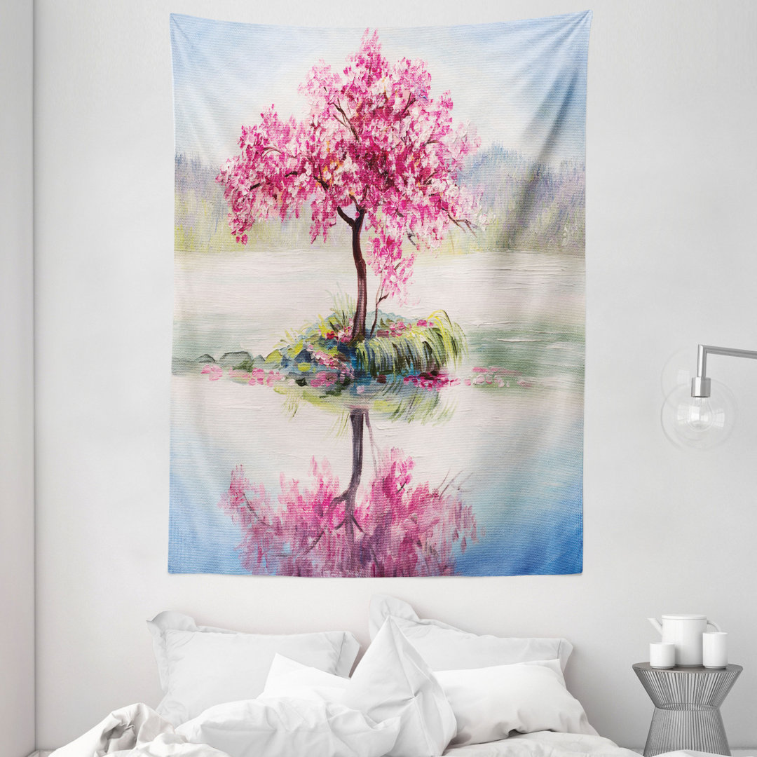 Tapisserie Bild Blühende japanische Kirschbaum Sakura auf dem See Soft romantische Kultur drucken