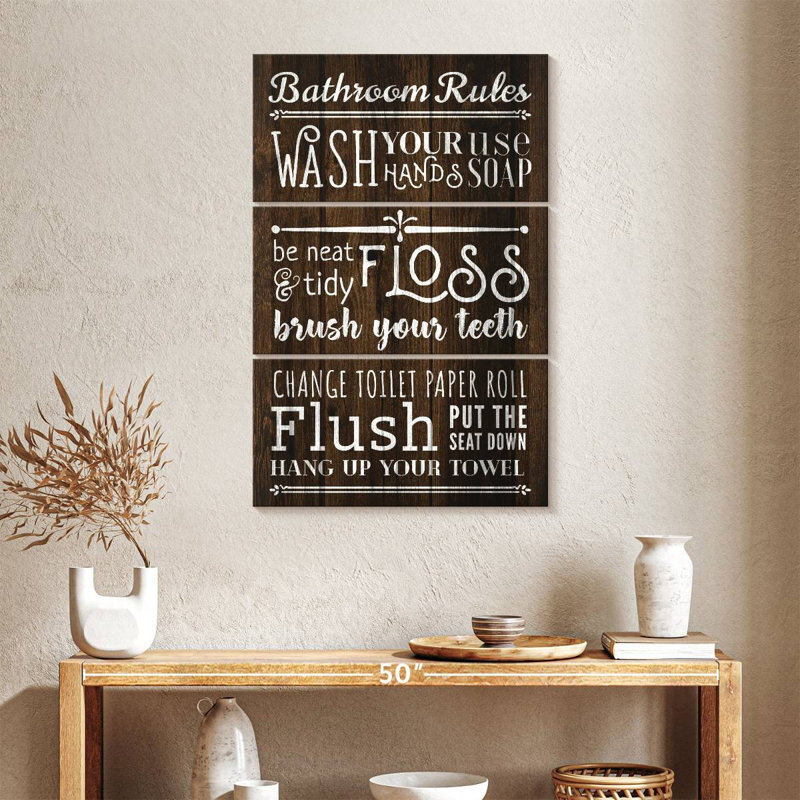 Rustic Bathroom Rules On Canvas 3 Pieces Set, 24" H x 38" W x 1.25" D