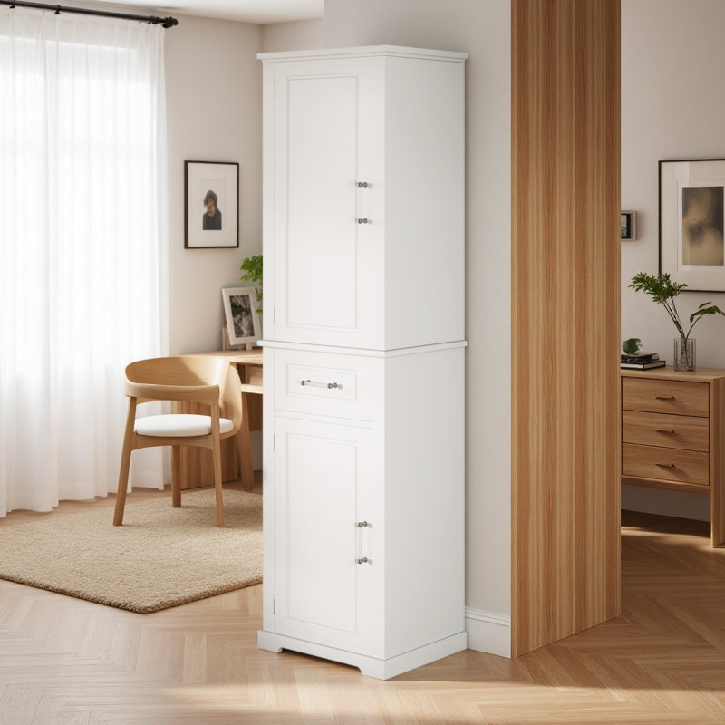 Grande armoire de rangement pour salle de bain, armoire de rangement autoportante avec deux portes de taille différente et tablette réglable, conception à étagère de porte, panneau de fibres à densité moyenne avec finition peinte